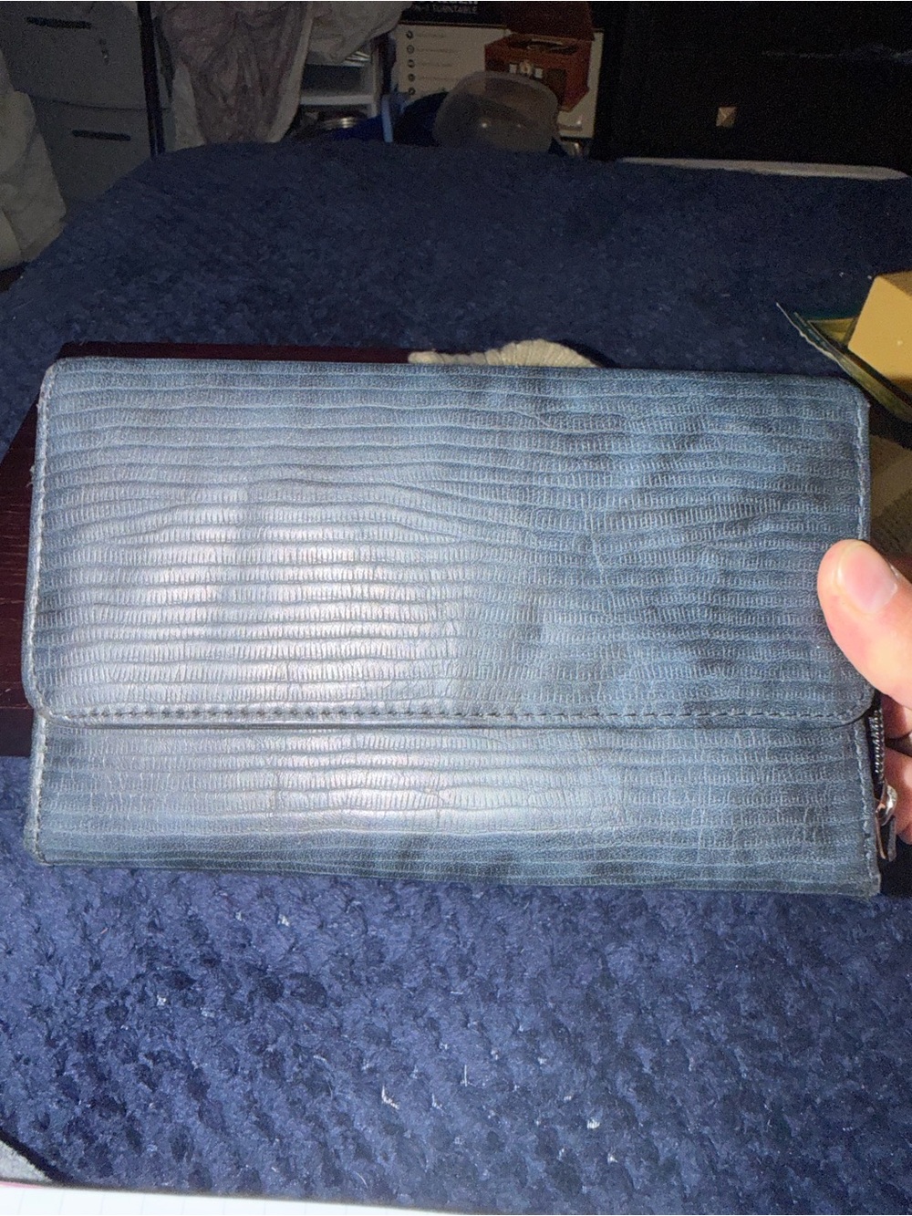 Textured Navy Blue Leather Wallet Clutch